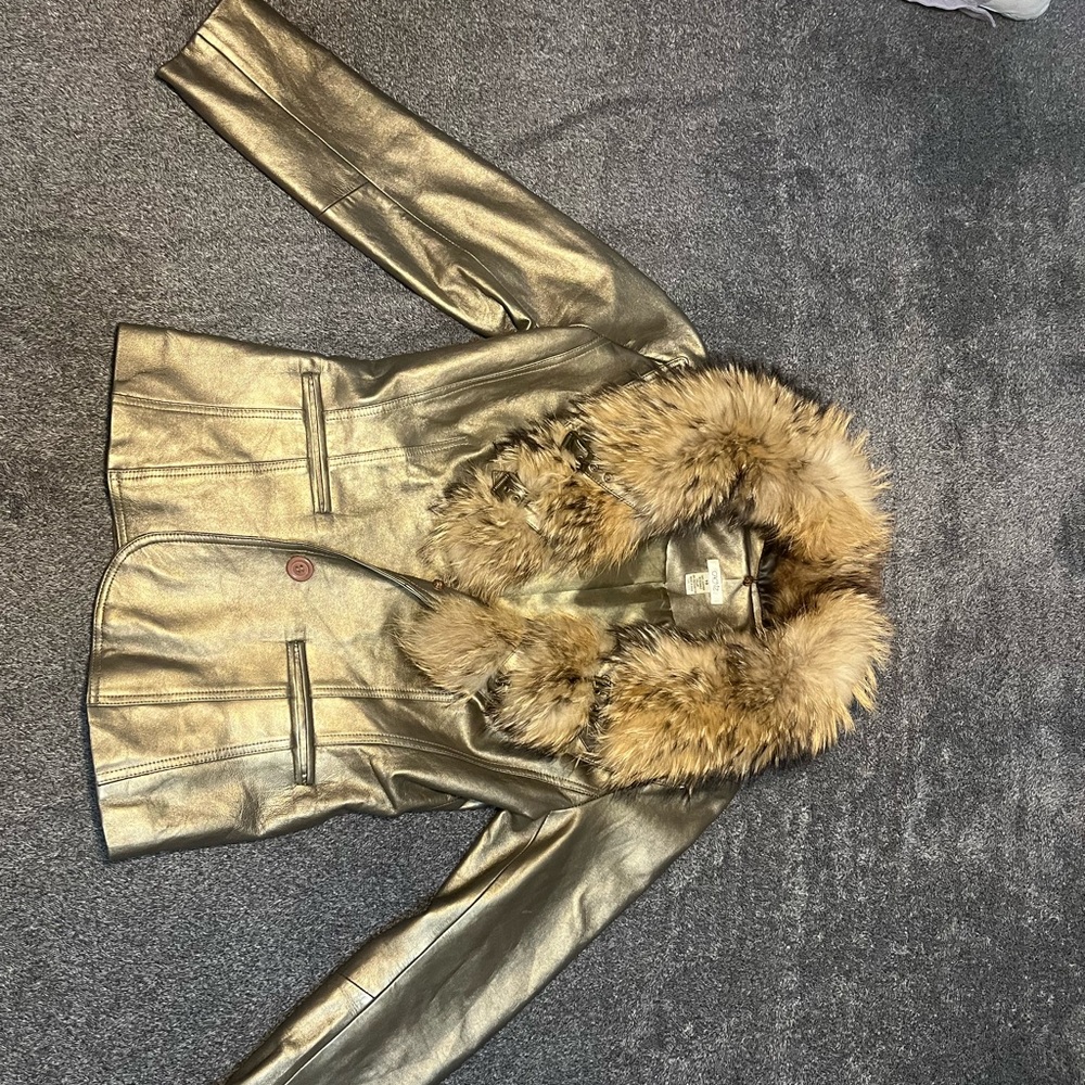 Cache Metallic Gold Real Leather Jacket with real Fur Trim Collar